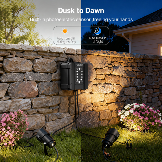 HIBOITEC Low Voltage Landscape Lighting 12W with Connectors 100W Transformer Photocell Sensor and Timer Spotlights Landscape Lights Kit IP65 Waterproof 2900K for House Yard Trees,Warm White