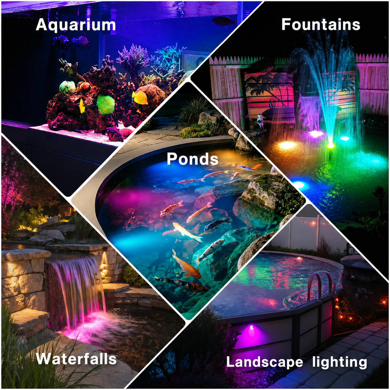 HIBOITEC Projecteurs de bassin LED, lampe de fontaine sous-marine RVBWW avec transformateur de minuterie 12V, capteur de lumière photoélectrique, lumières sous-marines extérieures étanches IP68 pour bassins de jardin extérieurs, 6 têtes