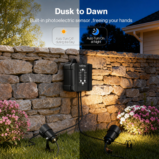 HIBOITEC Low Voltage Landscape Lighting 12W with Connectors 100W Transformer Photocell Sensor and Timer Spotlights Landscape Lights Kit IP65 Waterproof 2900K for House Yard Trees