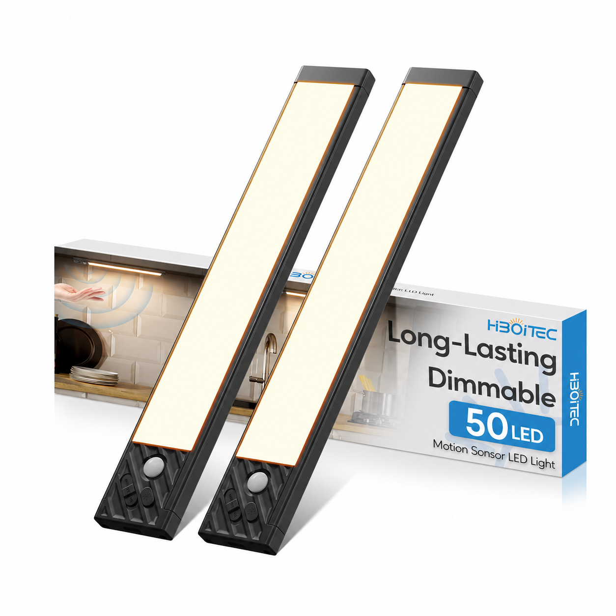 HIBOITEC Éclairage sous armoire rechargeable, Lumières de placard à détecteur de mouvement sans fil pour intérieur, Lumière magnétique dimmable à 50 LED sous comptoir pour cuisine, garde-manger, Lot de 2