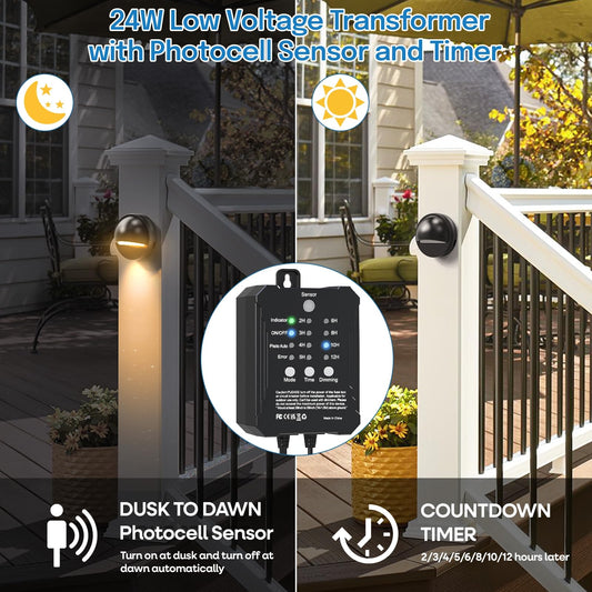 HIBOITEC Low Voltage Deck Lights Kit with Transformer Photocell Sensor and Timer IP67 Waterproof Fence Lights UL Listed Wire for Outdoor Garden Patio Landscape Lighting Walkway Steps Warm White