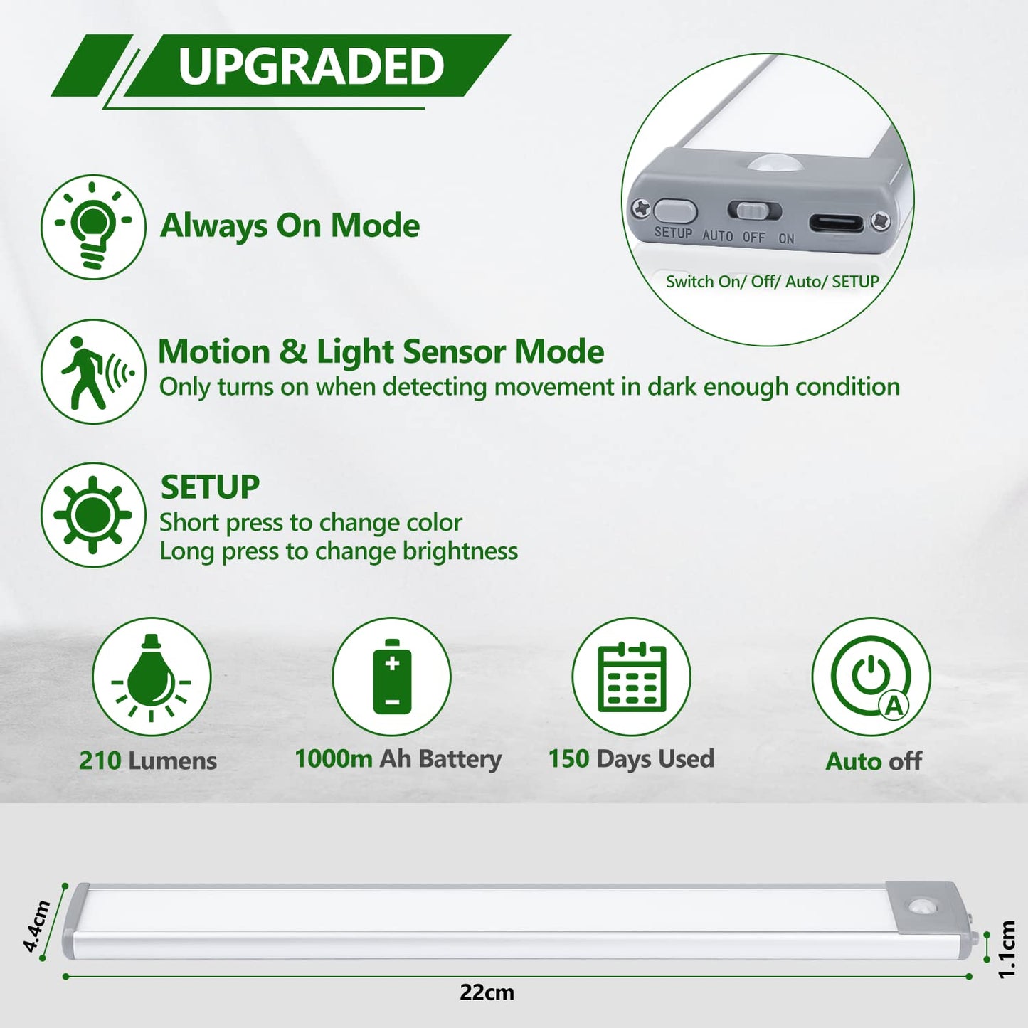 HIBOITEC Under Cabinet Lighting Motion Sensor Lights Indoor, 3 Color Temperatures Wireless Rechargeable Closet Light, Dimmable Under Counters Light for Kitchen, Wardrobe, Closets, Cupboard, 1Pack