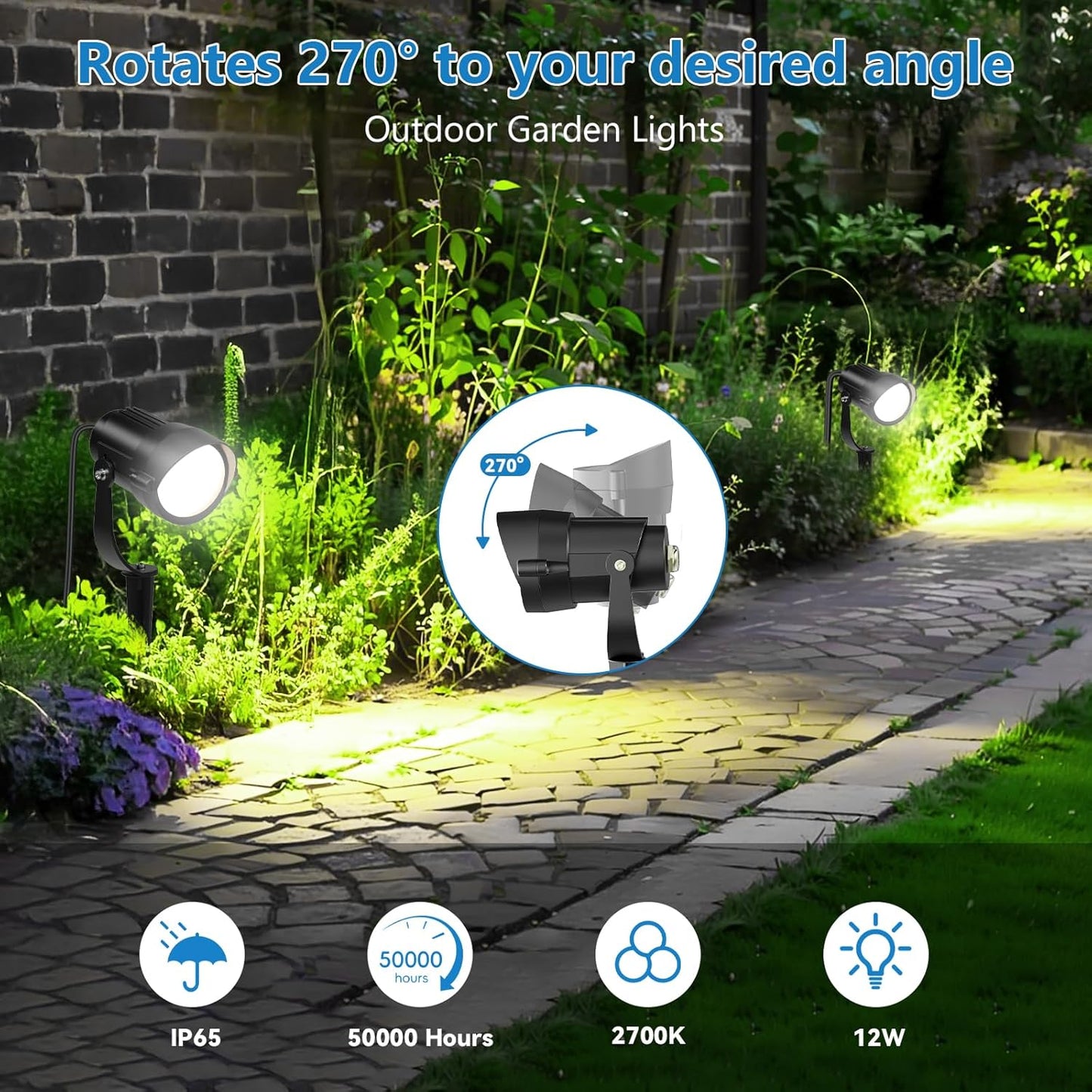 HIBOITEC Projecteurs extérieurs 12W 110V à 120V Éclairage paysager Spot étanche avec 1,5m 3-broches LED Projecteurs paysagers à brancher pour Décorations de jardin 5000K Couleur : Blanc