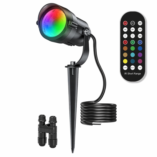 HIBOITEC RGBW Low Voltage Landscape Lighting 12W with Remote Connectors Spotlights Landscape Lights Kit 12-24V AC/DC Waterproof for House Yard Trees Outdoor Christmas