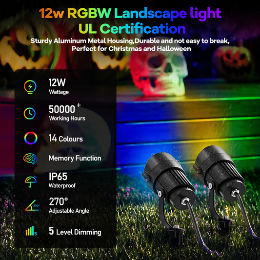 HIBOITEC RGBW Low Voltage Landscape Lighting 12W with Remote Connectors Spotlights Landscape Lights Kit 12-24V AC/DC Waterproof for House Yard Trees Outdoor Christmas