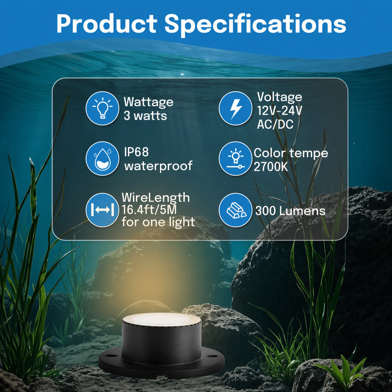 HIBOITEC Teichstrahler 3W LED IP68 Wasserdicht Unterwasserleuchten mit UL-Kabel Warmweiß 2700K Niedervolt-Landschaftsbeleuchtung für Garten, Springbrunnen, Pool, kompatibel mit 12-24V AC/DC Farbe: Warm