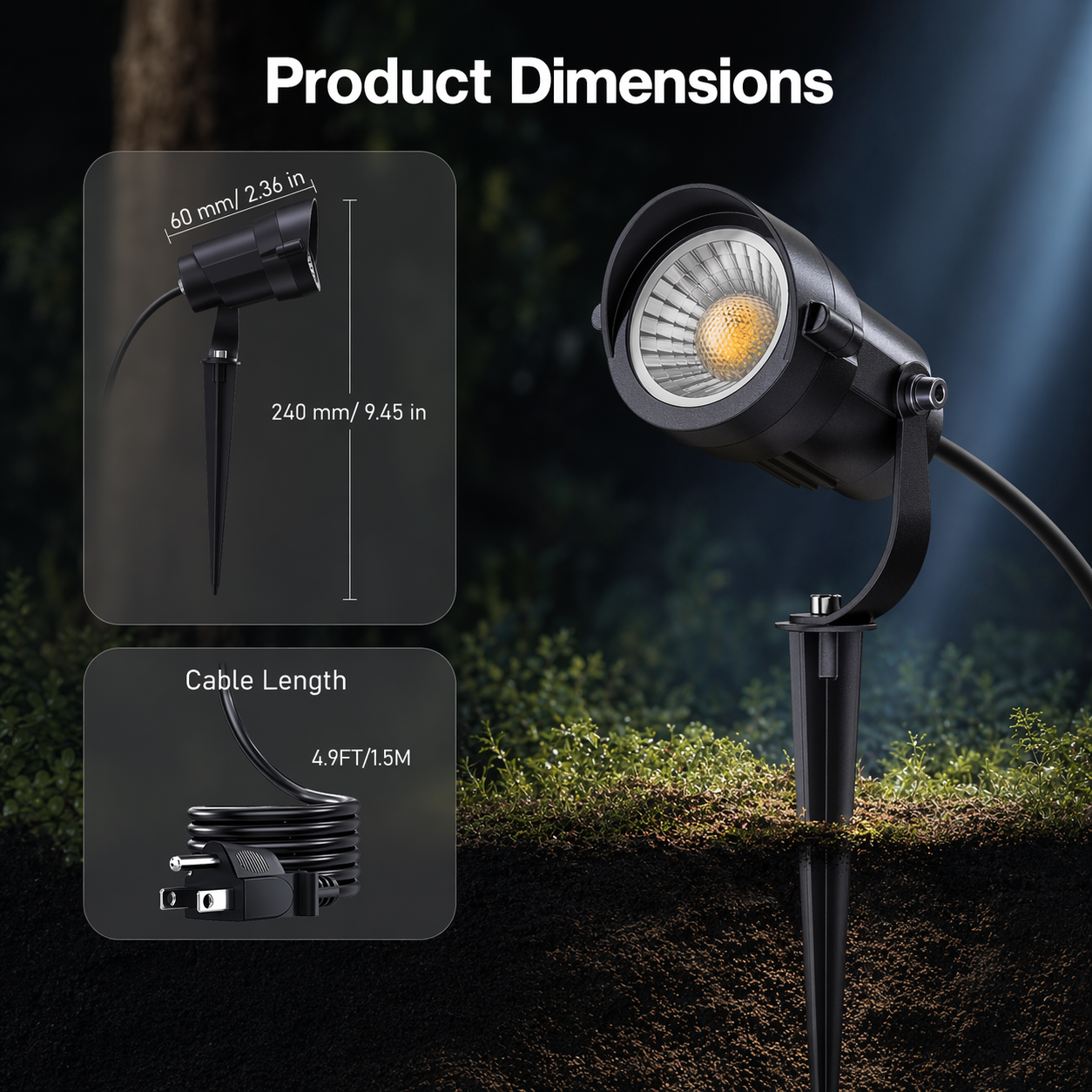 HIBOITEC Projecteurs d'extérieur 12W 110V à 120V Éclairage paysager Projecteur étanche avec prise LED 3 broches de 1,5m pour décorations de jardin Couleur 2900K : Blanc chaud