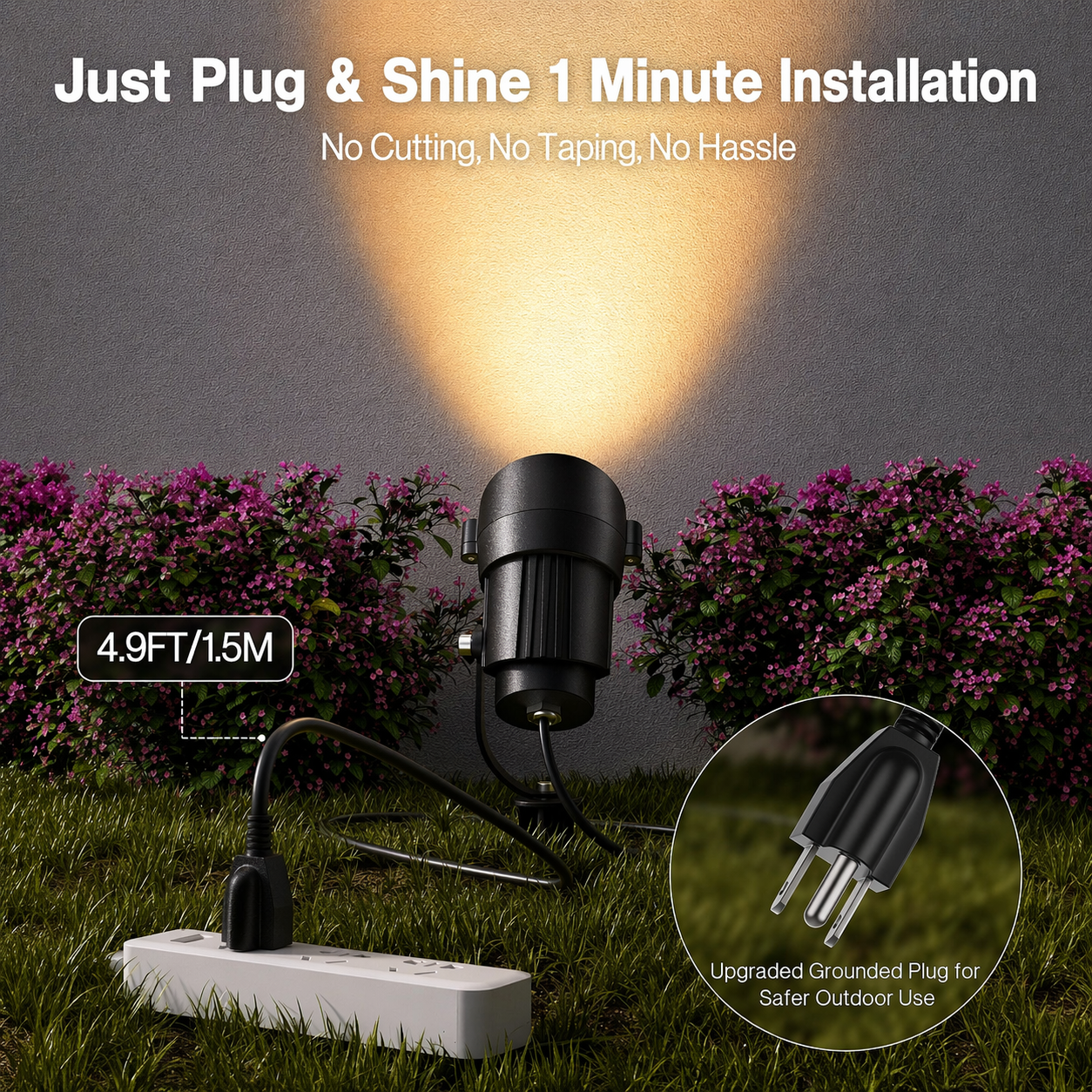 HIBOITEC Projecteurs extérieurs 12W 110V à 120V Éclairage paysager Spot étanche avec câble de 1,5m et prise à 3 broches, Lampes de jardin à brancher pour décorations de cour et de jardin 2900K, Blanc chaud