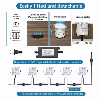 HIBOITEC Einbau-LED-Deckleuchten-Set (16 Stück) 12V Niedervolt Landschaftsbeleuchtung IP67 Wasserdichte Außenstufen-Treppenlichter Deckbeleuchtung für Gartenstufen, Treppen, Terrassenboden-Dekoration, Weiß
