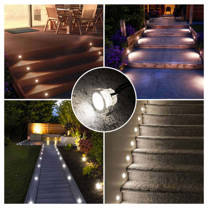HIBOITEC Einbau-LED-Deckleuchten-Set (16 Stück) 12V Niedervolt Landschaftsbeleuchtung IP67 Wasserdichte Außenstufen-Treppenlichter Deckbeleuchtung für Gartenstufen, Treppen, Terrassenboden-Dekoration, Weiß