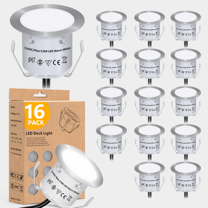 HIBOITEC Einbau-LED-Deckleuchten-Set (16 Stück) 12V Niedervolt Landschaftsbeleuchtung IP67 Wasserdichte Außenstufen-Treppenlichter Deckbeleuchtung für Gartenstufen, Treppen, Terrassenboden-Dekoration, Weiß