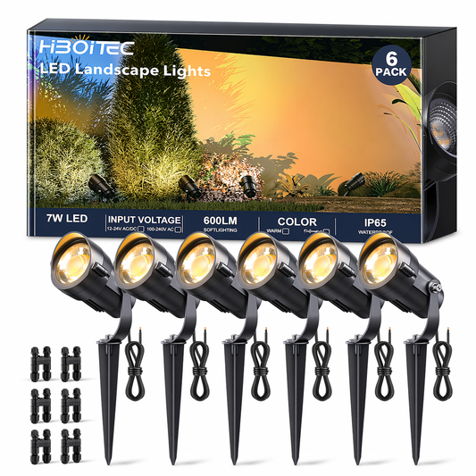 HIBOITEC Spotlights Low Voltage Landscape Lighting with Connectors 7W 2700K Landscape Lights Kit 12-24V AC/DC IP65 Waterproof for House Yard Trees Garden Outdoor