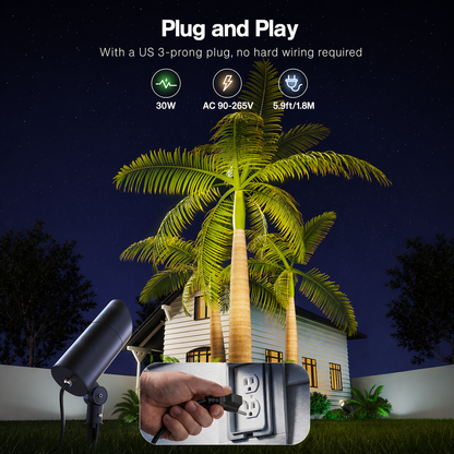 HIBOITEC Lot de 1 Projecteur LED Extérieur 30W 120V avec Fiche, Lumière pour Mât de Drapeau 3000LM 3000K Blanc Chaud, Projecteur Paysager Étanche pour Cour Jardin Arbre Statue, Câble de 1,8 m avec Fiche, Blanc Chaud