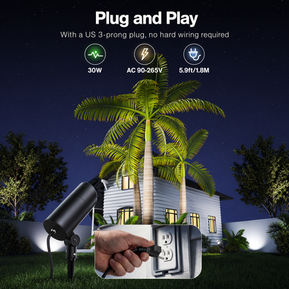 HIBOITEC 30W Spot Lights Outdoor Dusk to Dawn 120V Plug in Flag Pole Light 3000LM 5000K LED Waterproof Landscape Spotlight for Yard Garden Tree Statue, 5.9 FT Cord with Plug