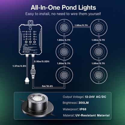HIBOITEC Projecteurs de bassin LED, lampe de fontaine sous-marine RVBWW avec transformateur de minuterie 12V, capteur de lumière photoélectrique, lumières sous-marines extérieures étanches IP68 pour bassins de jardin extérieurs, 6 têtes