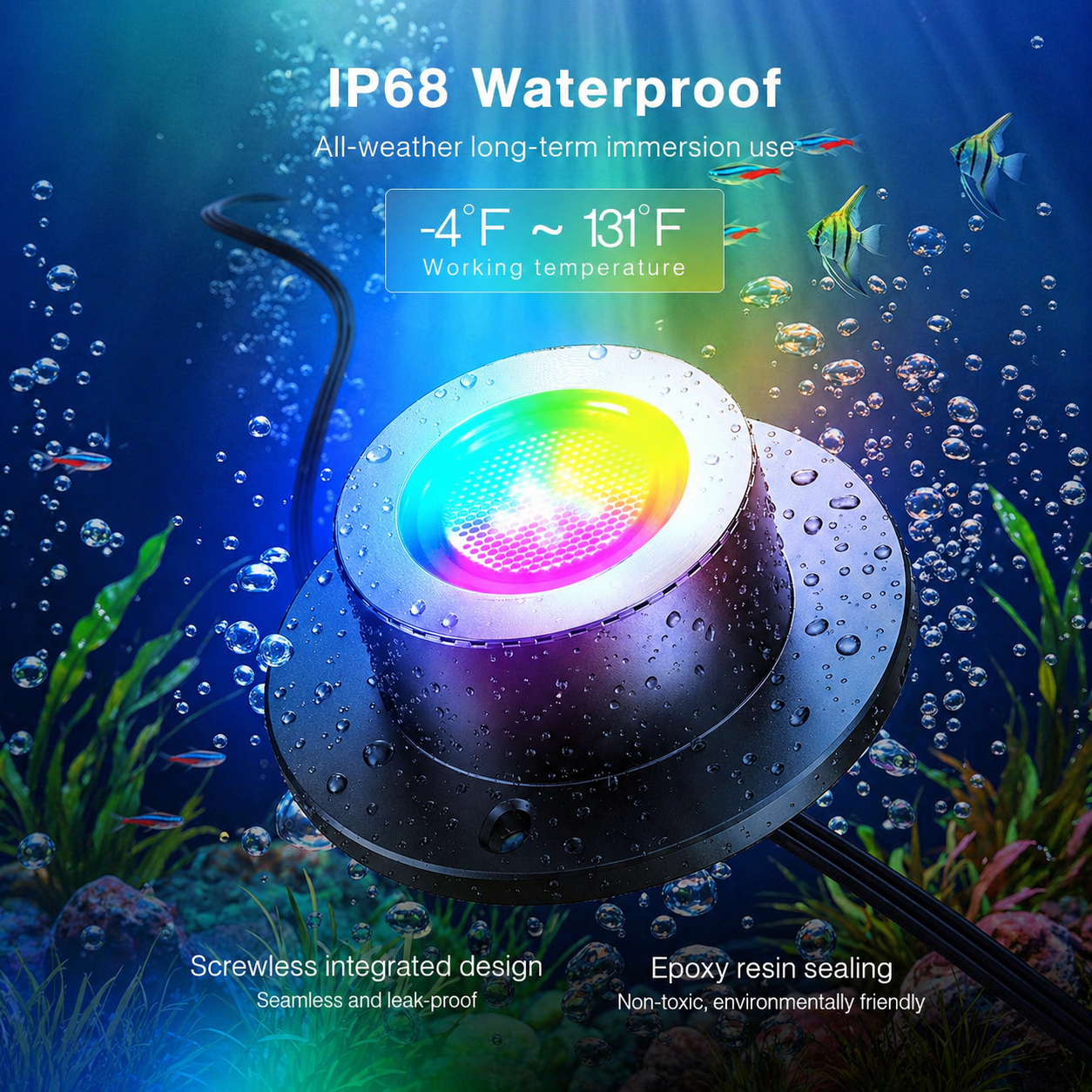 HIBOITEC Projecteurs de bassin LED, lampe de fontaine sous-marine RVBWW avec transformateur de minuterie 12V, capteur de lumière photoélectrique, lumières sous-marines extérieures étanches IP68 pour bassins de jardin extérieurs, 6 têtes