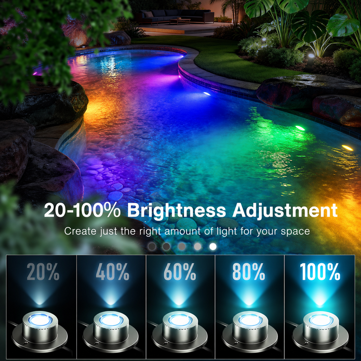 HIBOITEC Projecteurs de bassin LED, lampe de fontaine sous-marine RVBWW avec transformateur de minuterie 12V, capteur de lumière photoélectrique, lumières sous-marines extérieures étanches IP68 pour bassins de jardin extérieurs, 6 têtes