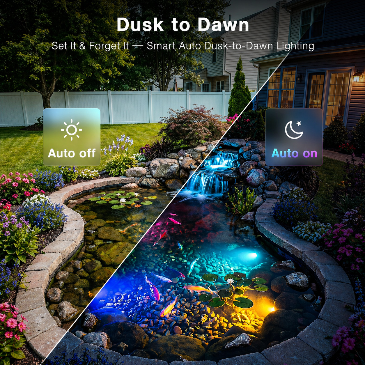 HIBOITEC Projecteurs de bassin LED, lampe de fontaine sous-marine RVBWW avec transformateur de minuterie 12V, capteur de lumière photoélectrique, lumières sous-marines extérieures étanches IP68 pour bassins de jardin extérieurs, 6 têtes
