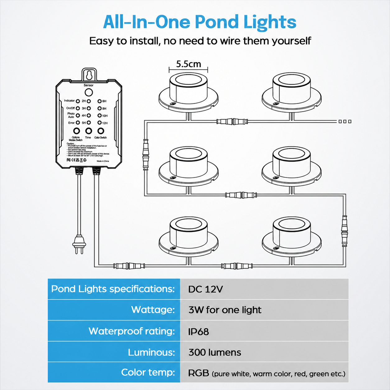 HIBOITEC Projecteurs LED d'étang, Lumière de Fontaine Submersible RGB avec Transformateur Minuteur 12V, Capteur de Lumière Photocellule, Lampes Submersibles Extérieures Étanche IP68 pour Étangs de Jardin, Pack de 6