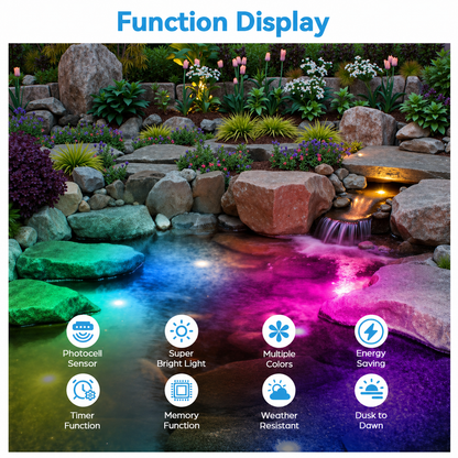HIBOITEC Projecteurs LED d'étang, Lumière de Fontaine Submersible RGB avec Transformateur Minuteur 12V, Capteur de Lumière Photocellule, Lampes Submersibles Extérieures Étanche IP68 pour Étangs de Jardin, Pack de 6