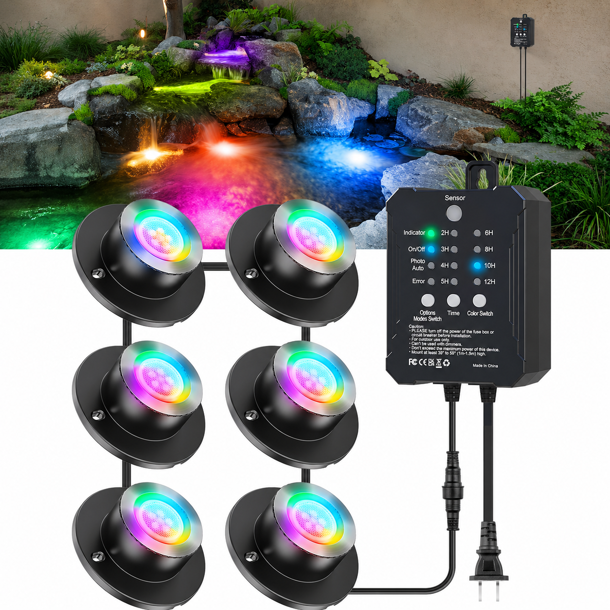 HIBOITEC Projecteurs LED d'étang, Lumière de Fontaine Submersible RGB avec Transformateur Minuteur 12V, Capteur de Lumière Photocellule, Lampes Submersibles Extérieures Étanche IP68 pour Étangs de Jardin, Pack de 6