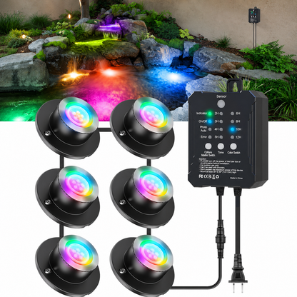 HIBOITEC Projecteurs LED d'étang, Lumière de Fontaine Submersible RGB avec Transformateur Minuteur 12V, Capteur de Lumière Photocellule, Lampes Submersibles Extérieures Étanche IP68 pour Étangs de Jardin, Pack de 6