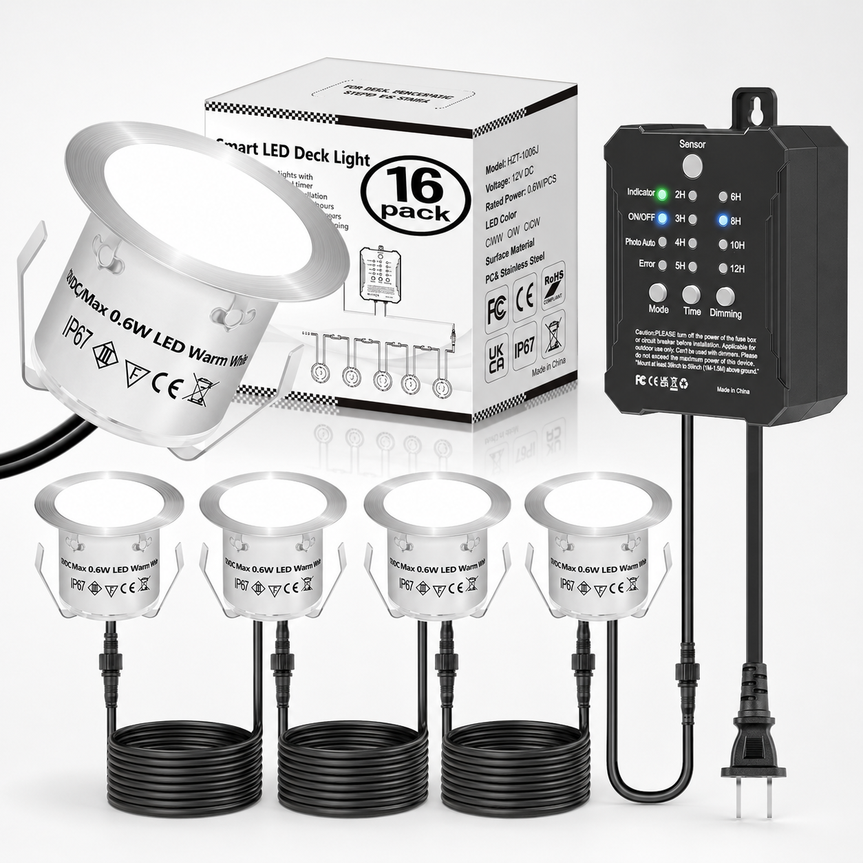 HIBOITEC Niedervolt-Deckleuchten Einbauset mit Transformator, dimmbar, Timer und Fotozellen-Sensor, LED-Terrassenbeleuchtung für den Außenbereich, IP67 wasserdicht, 4000K für Treppenstufen, Garten, Hof, Farbe: Weiß