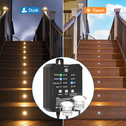 HIBOITEC Niederspannungs-Einbauleuchten-Set für Terrassen 3CCT 2700K-5000K mit Transformator Dimmbarer Timer und Fotozellensensor Außen-LED-Terrassenbeleuchtung IP67 Wasserdicht für Treppenstufen und Garten Farbe: Warm oder Weiß