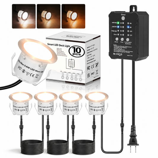 HIBOITEC Low Voltage Deck Lights Recessed Kit 3CCT 2700K-5000K with Transformer Dimmable Timer and Photocell Sensor Outdoor LED Deck Lighting IP67 Waterproof for Stair Step Yard  Color: Warm or White