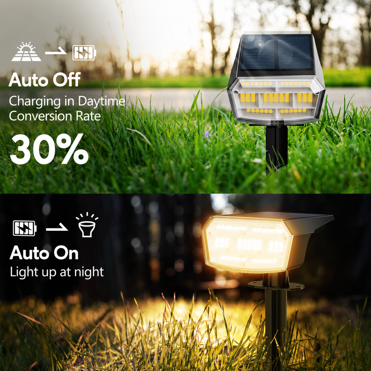 HIBOITEC Projecteurs solaires extérieurs étanches 59 LED Lumières de paysage alimentées par énergie solaire Éclairage vers le haut Luminosité réglable Du crépuscule à l'aube pour l'extérieur Jardin Arbres 8 paquets Blanc chaud