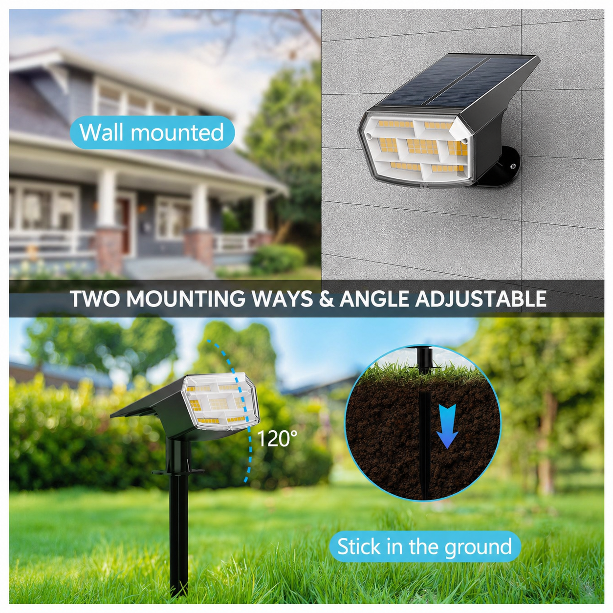 HIBOITEC Projecteurs solaires extérieurs étanches 59 LED Lumières de paysage alimentées par énergie solaire Éclairage vers le haut Luminosité réglable Du crépuscule à l'aube pour l'extérieur Jardin Arbres 8 paquets Blanc chaud