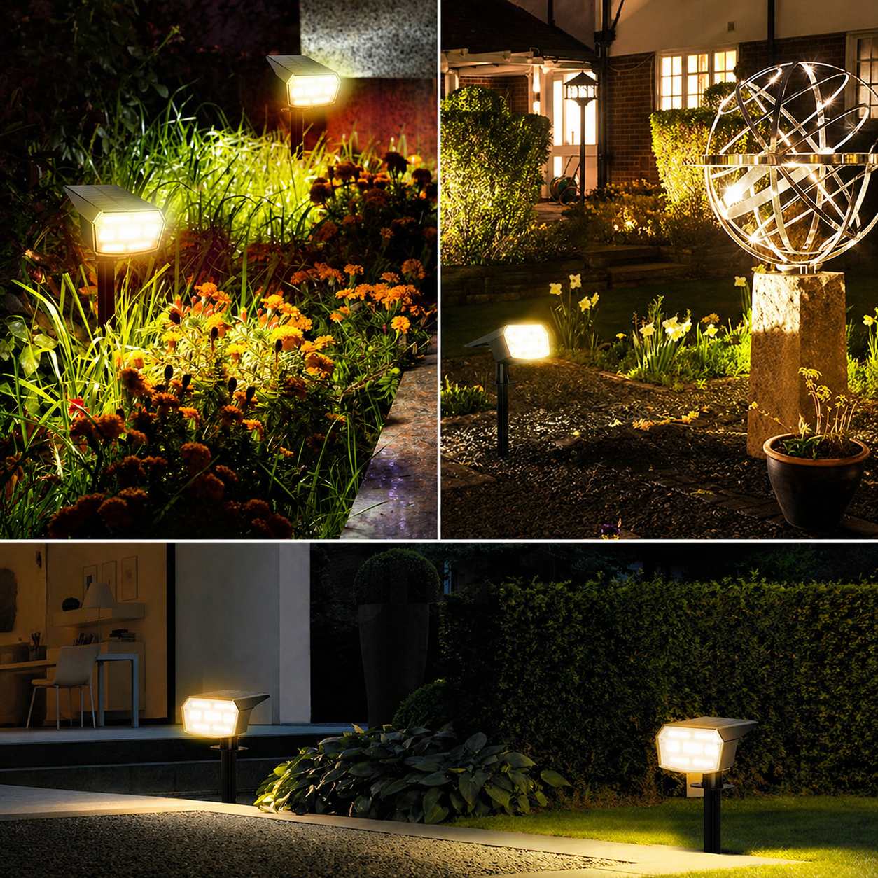HIBOITEC Projecteurs solaires extérieurs étanches 59 LED Lumières de paysage alimentées par énergie solaire Éclairage vers le haut Luminosité réglable Du crépuscule à l'aube pour l'extérieur Jardin Arbres 8 paquets Blanc chaud