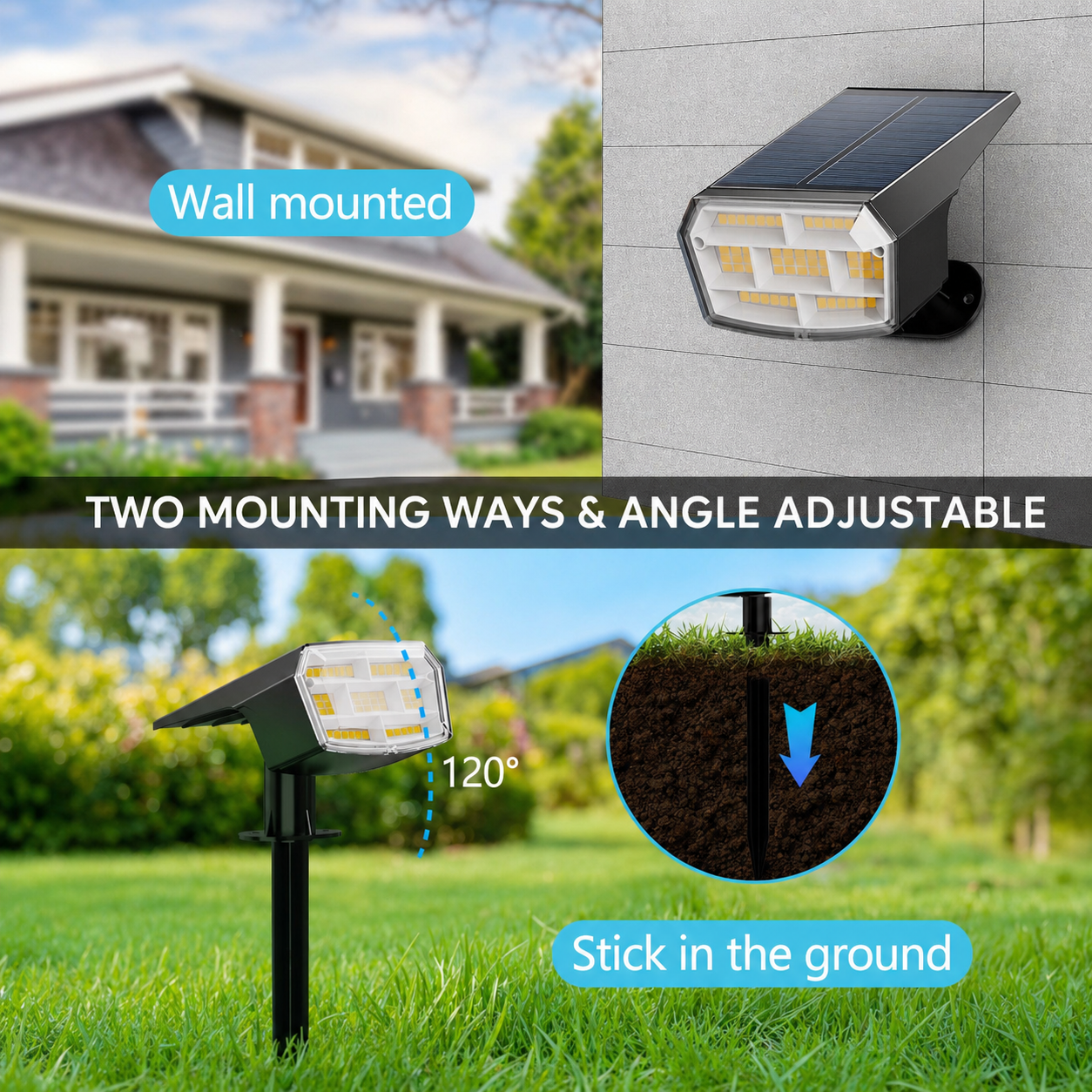HIBOITEC Projecteurs Solaires Extérieurs 59 LED 3 Modes d'Éclairage Lampes Paysagères à Énergie Solaire Spots Étanche Luminosité Réglable Du Crépuscule à l'Aube pour Jardin Cour Arbres Blanc Froid