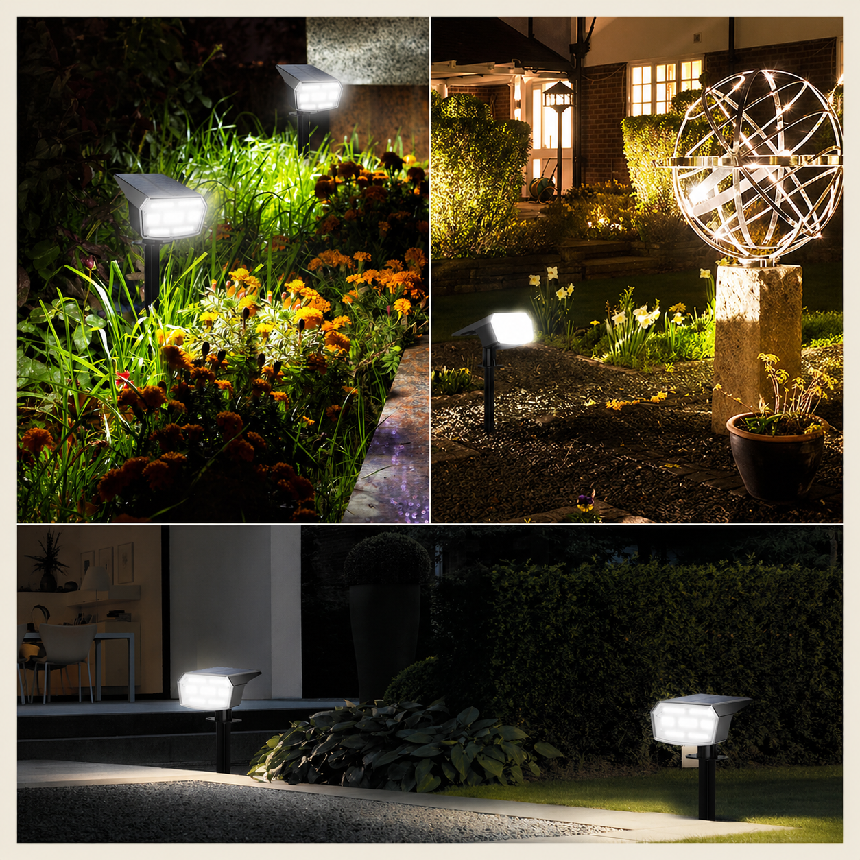 HIBOITEC Projecteurs Solaires Extérieurs 59 LED 3 Modes d'Éclairage Lampes Paysagères à Énergie Solaire Spots Étanche Luminosité Réglable Du Crépuscule à l'Aube pour Jardin Cour Arbres Blanc Froid