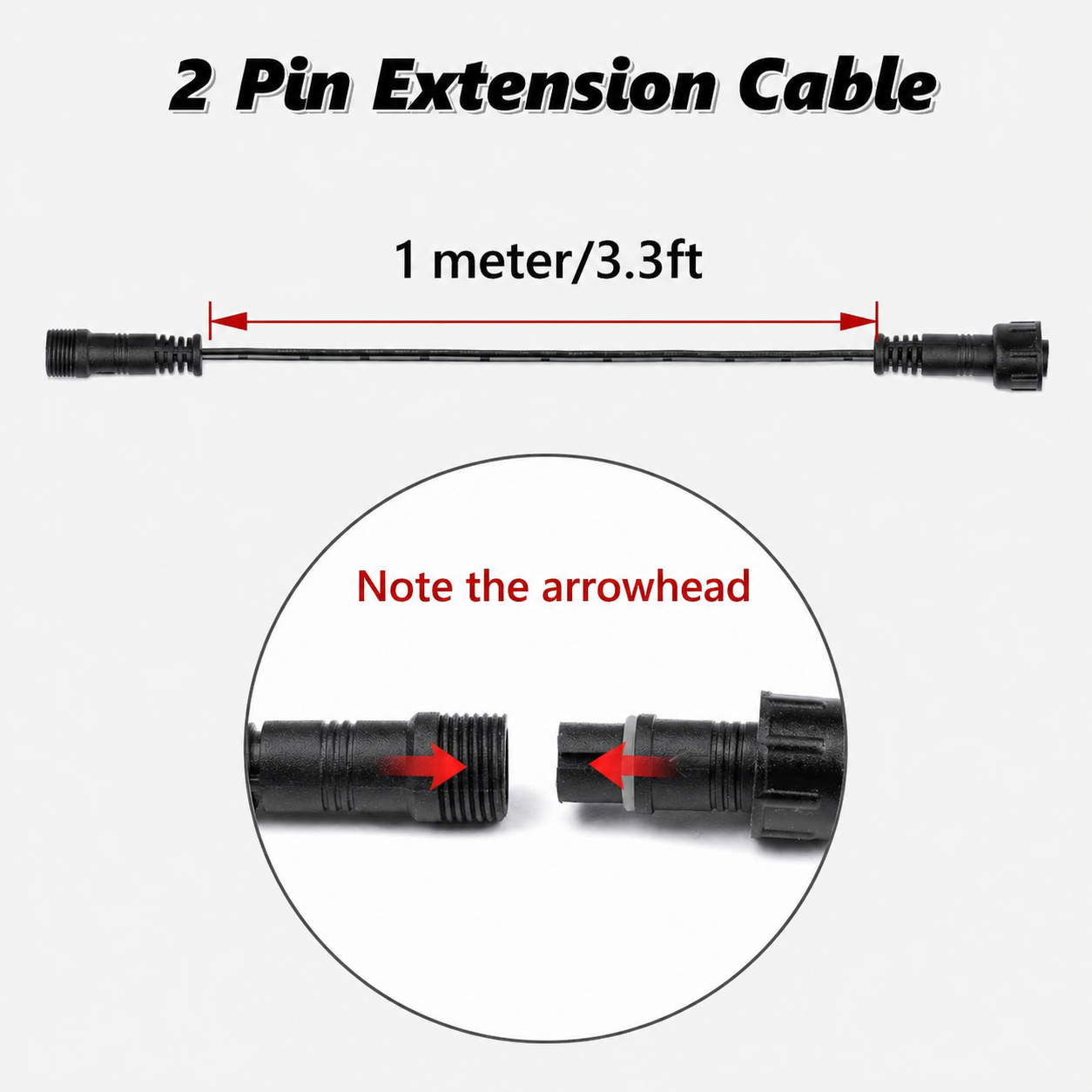 2-Pin Extension Cable for Deck Lights, 3.28FT IP67 Waterproof