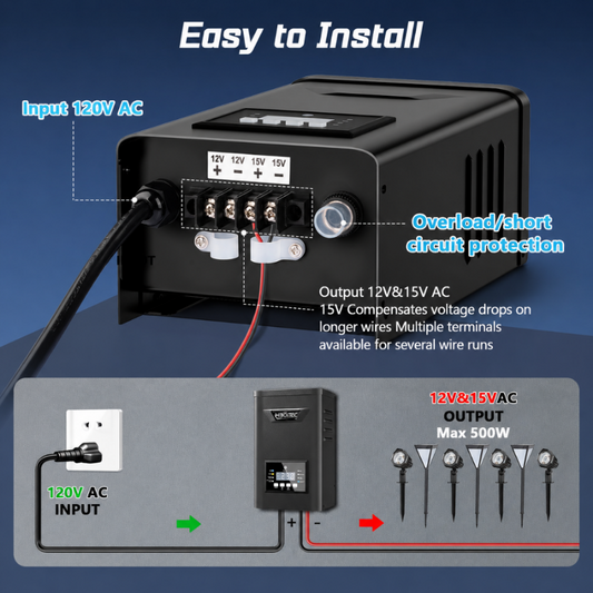 Transformateur d'extérieur basse tension HIBOITEC 500W, transformateur d'éclairage extérieur avec capteur photocellule et minuterie, transformateurs étanches 120V CA vers 12V/15V CA pour l'éclairage de chemins et paysager