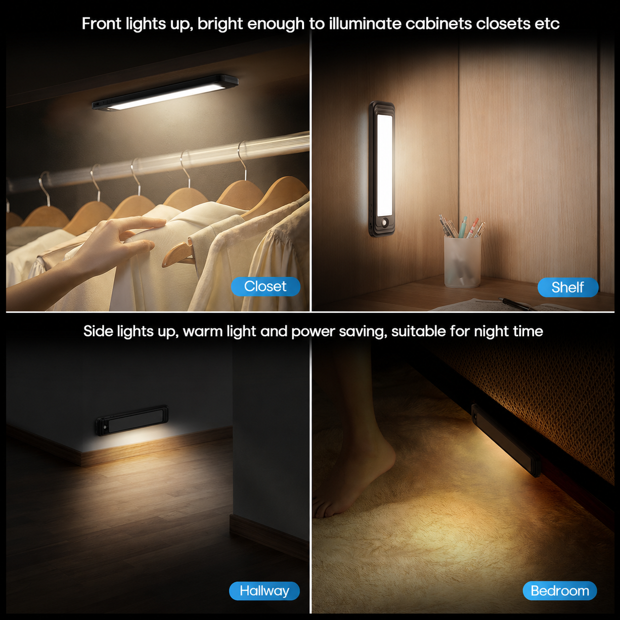 HIBOITEC Under Cabinet Lighting Wireless, 56 LED Closet Lights Motion Sensored Adjustable Brightness Magnetic 3 Color Temps Rechargeable for Kitchen Indoor Shelf Bedroom Pantry