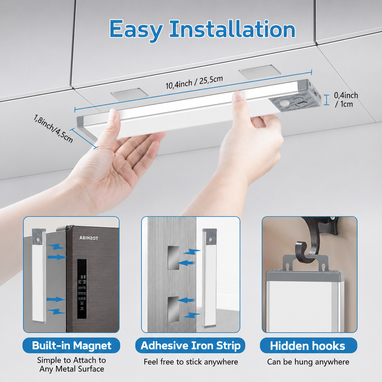 HIBOITEC Rechargeable Closets Light Motion Sensored Wireless Under Cabinet Lighting, 70 LED Dimmable Magnetic Light Under Counter Light for Kitchen,  Warm White Light, 12.8 inch