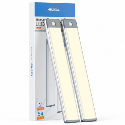 HIBOITEC Motion Sensor Cabinet Light 2500mAh 2 Packs Rechargeable 54LED Under Counter Closet Lighting, Wireless Night Light for Cabinet, Drawer, Wardrobe, Kitchen, Hallway