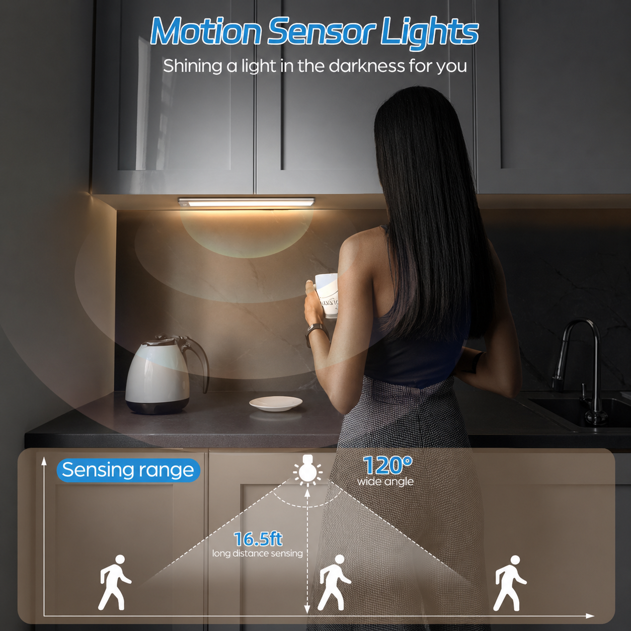 HIBOITEC Motion Sensor Cabinet Light 2500mAh 2 Packs Rechargeable 54LED Under Counter Closet Lighting, Wireless Night Light for Cabinet, Drawer, Wardrobe, Kitchen, Hallway