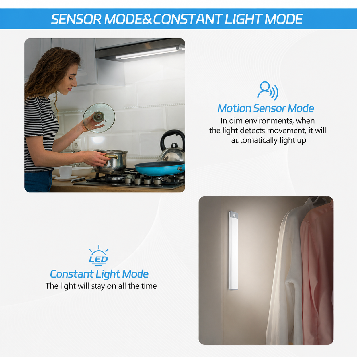 HIBOITEC Motion Sensor Under Counter Lights Rechargeable, 30-LED Wireless Cabinet Lighting Magnetic Self-Adhesive, 180lm Ultra Thin Closet Light for Kitchen, Cupboard, Drawer, Hallway, White