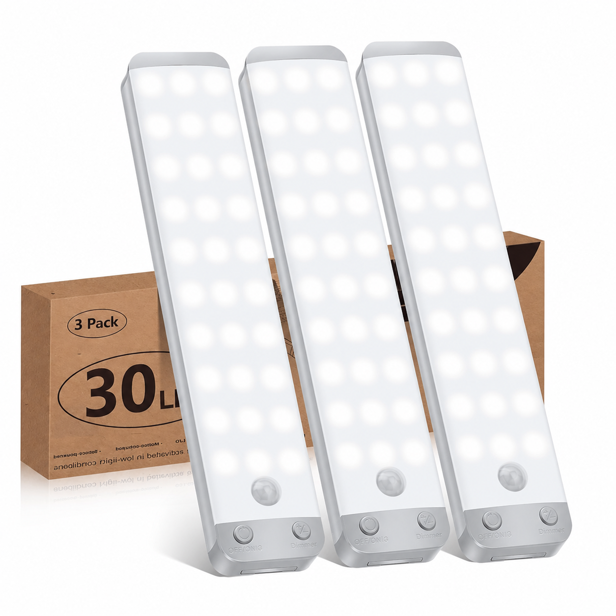 Under Cabinet Lighting Closet Light 30 LEDs 3 Packs, Wireless Rechargeable Cabinet Lights, Magnetic Under Counter Lighting, LED Motion Sensor Night Light for Closet Cabinet Wardrobe Stairs (White)