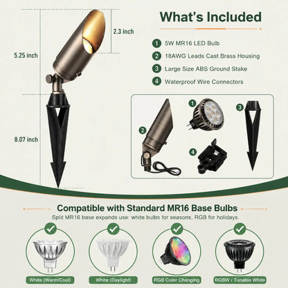 12V Low Voltage Brass LED Landscape Spotlight 5W 2700K Garden Uplight