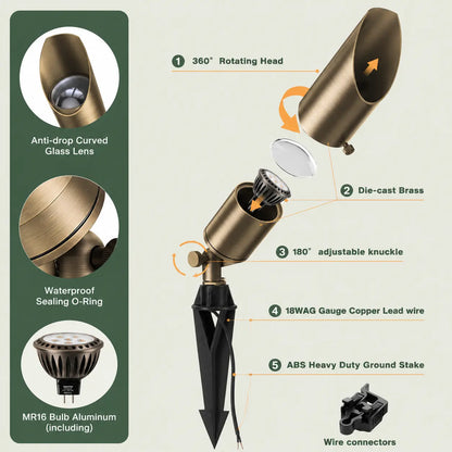 12V Low Voltage Brass LED Landscape Spotlight 5W 2700K Garden Uplight