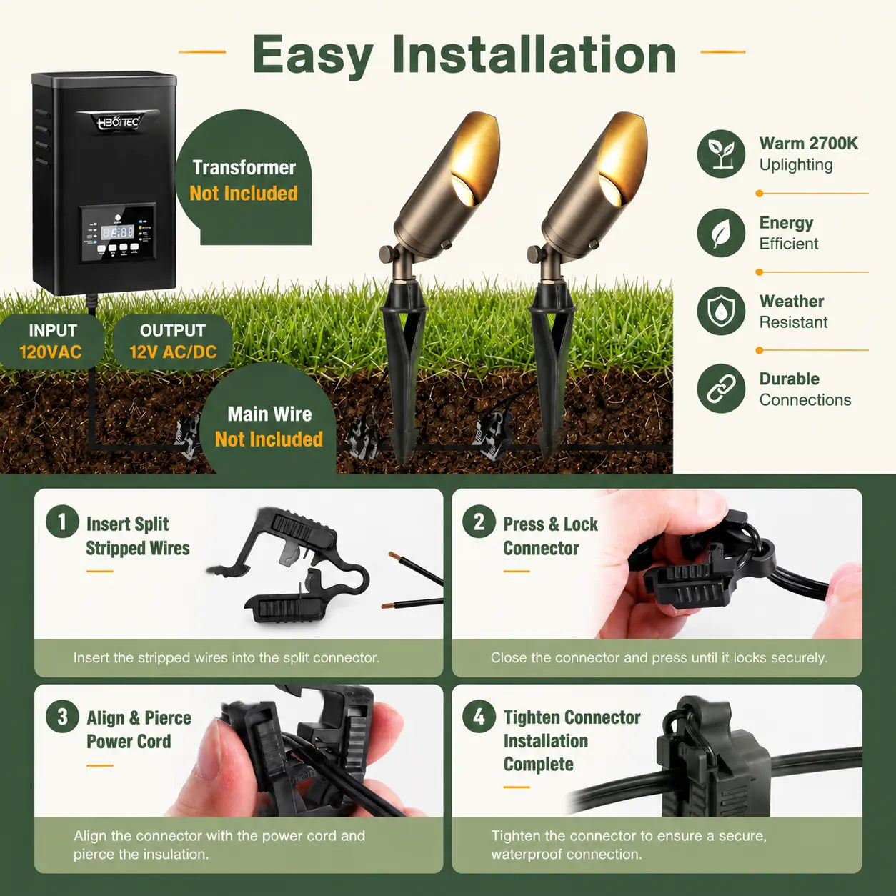 12V Low Voltage Brass LED Landscape Spotlight 5W 2700K Garden Uplight