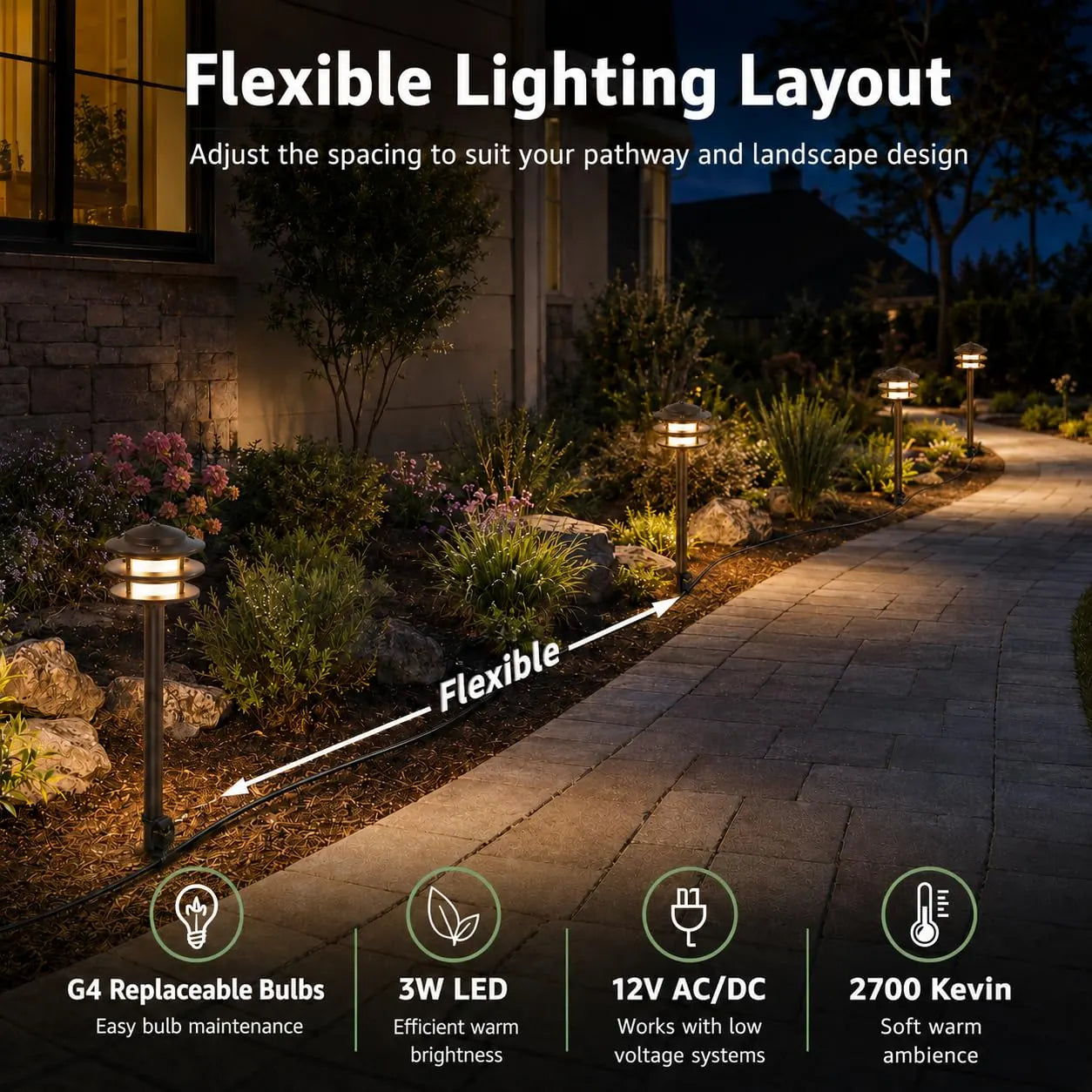 Low Voltage Pathway Lighting Kit with Replaceable G4 Bulbs