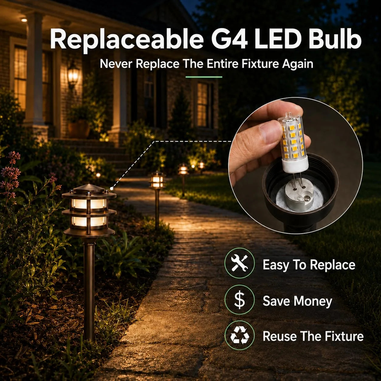 Low Voltage Pathway Lighting Kit with Replaceable G4 Bulbs