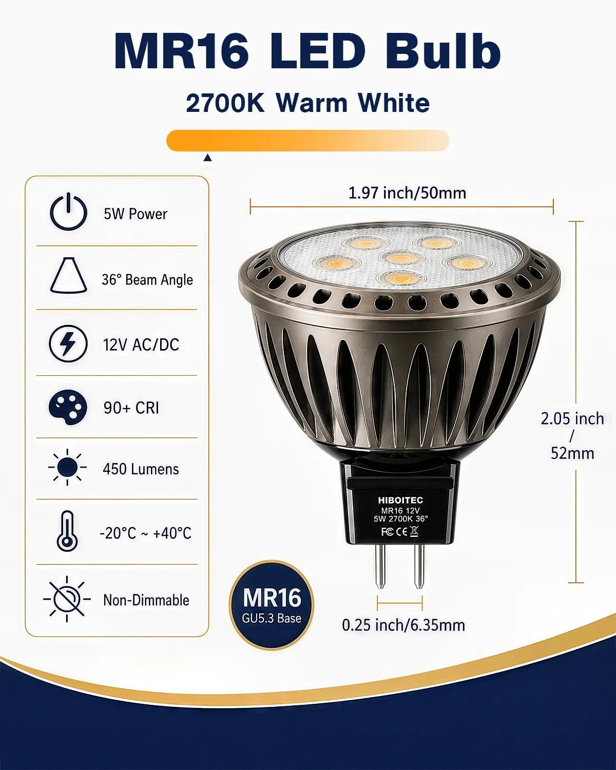 MR16 LED Bulb, 5W 2700K Warm White 450LM GU5.3