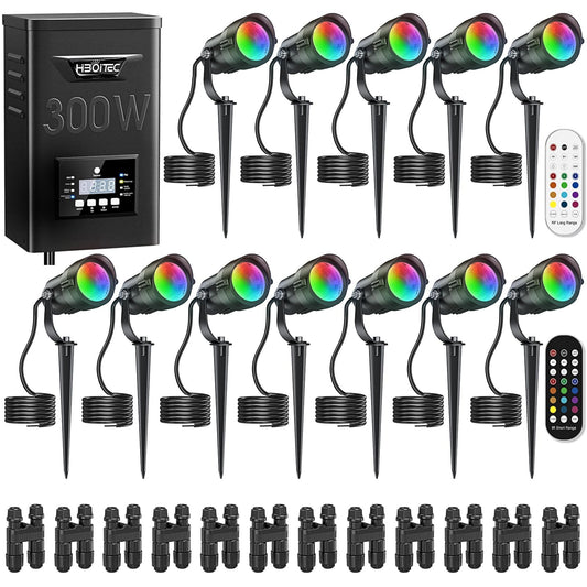 HIBOITEC Éclairage paysager basse tension RGBW 12W avec transformateur 300W Connecteurs à distance Projecteurs Kit d'éclairage paysager 12-24V AC/DC Étanche pour maison, jardin, extérieur, Noël