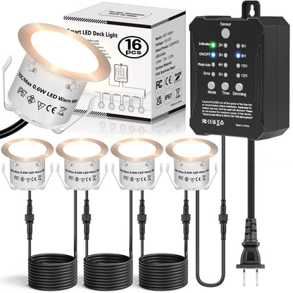 HIBOITEC Niedervolt-Deckleuchten Einbauset mit Transformator, dimmbar, Timer und Fotozellen-Sensor, LED-Terrassenbeleuchtung für den Außenbereich, IP67 wasserdicht, 4000K für Treppenstufen, Garten, Hof, Farbe: Weiß